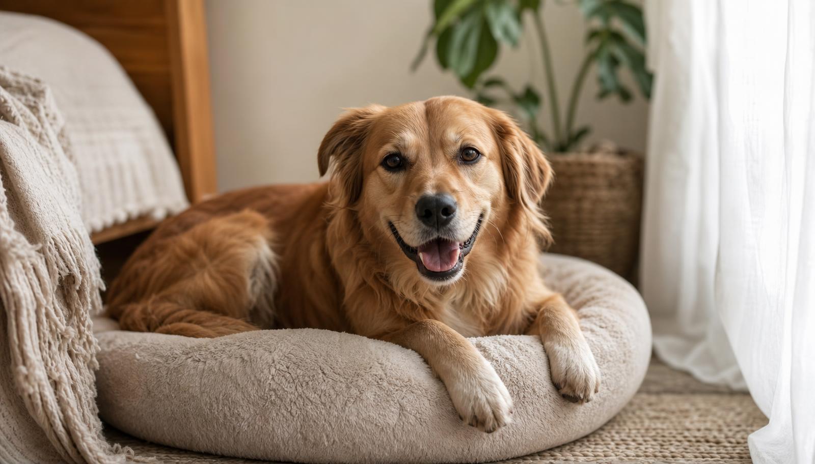 A dog resting comfortably on a bed at home